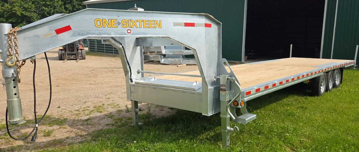 One Sixteen gooseneck flatdeck trailer viewed from the front